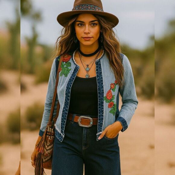 Relativity S Denim Beaded Floral Jacket Boho Beadwork Festival Hippie Western - Picture 1 of 8